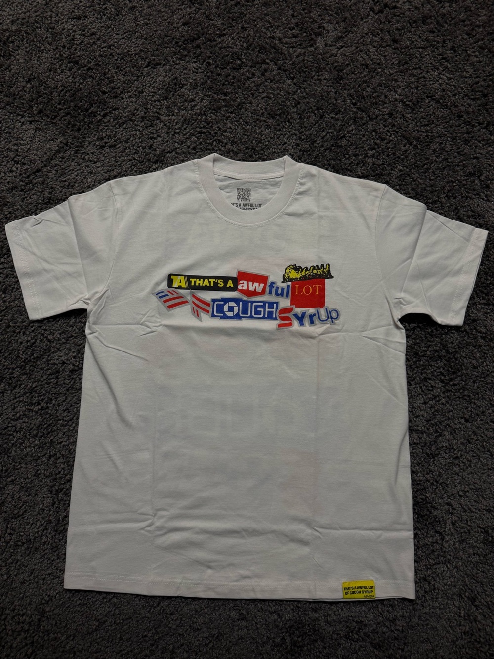 Graphic White Crewneck T-Shirt with Multicolor Chest Print